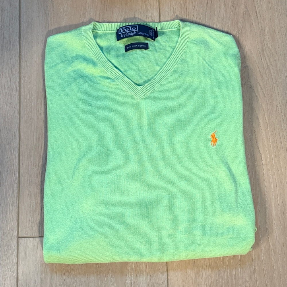 Polo Ralph Lauren Vintage Lime Green Orange Pony Pima Cotton V Pullover Sz L